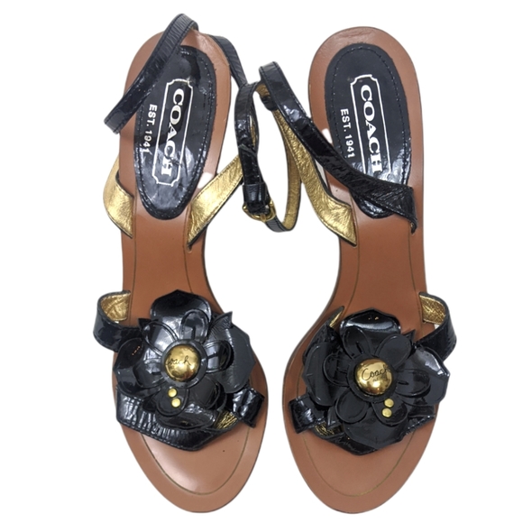 Coach | Shoes | Coach Flower Heel Sandals 7 Black Gold Patent Leather  Strappy Open Toe Dressy | Poshmark